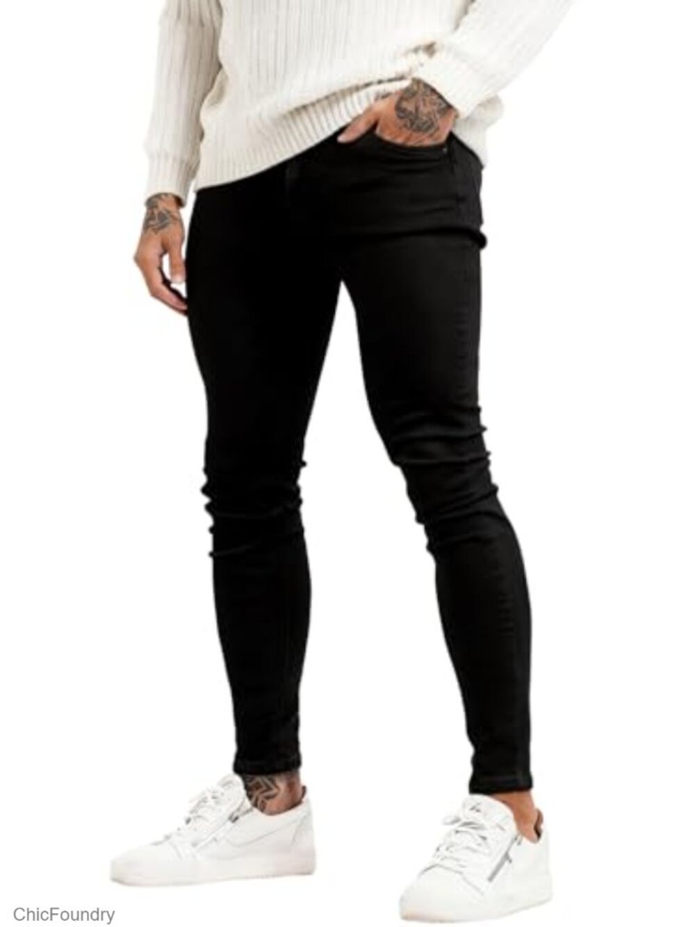 Men's Skinny Stretch Tapered Leg Jeans Mid Rise Elastic Waist